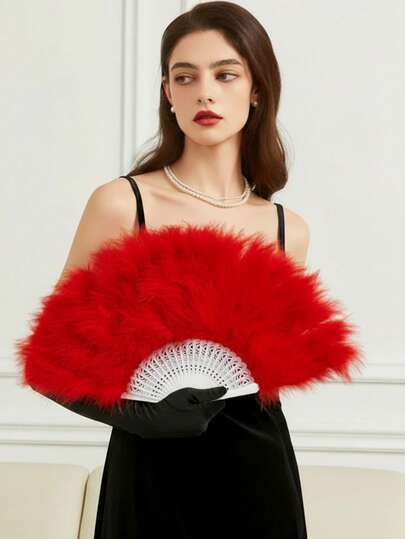 1pc Vintage Feather Fan, White/Black/Red, Wedding Party Decor, Bridal Shower, Bridal Gift, Photography Prop, 1920s Style Folding Hand Fan, Suitable For Costumes, Dance, Tea Parties, Wedding Decoration, Gifts, Spring Gifts