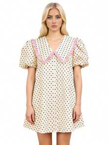 Women's Baby Doll Mini Dress Summer Floral Print Loose Bubble Short Sleeve Collared Dress - 杏色 - 查看 6