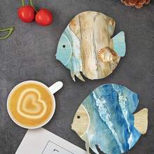 4pcs/Set Wooden Fish Shaped Coasters, Coffee Cup Mats, Tea Cup Pads, Heat Insulation Coasters, Blue Polka Dot & Stripe Printed Design, 12x12.5cm, Suitable For Home, Bar, Office, Holiday Decor, Available In 1 Set Or 4-6 Sets - Baby Blue - View 5