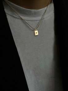 1pc Women's Pendant Necklace, Minimalist Layered Style, Stainless Steel Cubic Zirconia Rectangular Sunburst Pendant Necklace, Versatile Daily Wear & Gift Accessory - Yellow Gold - View 6