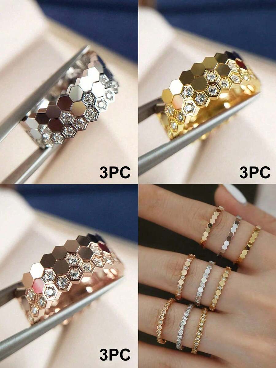 3件套蜂窝戒指首饰套装 - 时尚首饰套装，适合日常佩戴，也是圣诞节、新年、情人节和其他节日的礼物之选。 - 蜂巢戒指套裝 - 查看 1