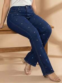 pthirillo Women's Dark Blue Flare Jeans With Butt-Lifting, High Waist, And Rhinestone Detail - Premium Rhinestone Jeans - 水鑽圓點 - 查看 6