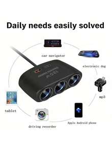 1pc 120W Car Cigarette Lighter Socket 12V Multi-Function Converter USB Fast Charging Car Accessory Car Charger - Black - View 4