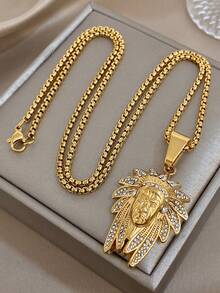 太阳神吊坠项链，不锈钢镀金，镶满钻石的吊坠，时尚百搭，适合节日和日常佩戴。 - 彩色 - 查看 9