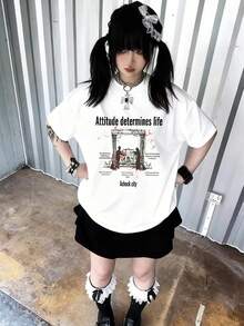 2026 Spring/Summer New Women's 1pc Casual Loose Design English Letter Print Punk Gothic Style Graphic Round Neck Top, Fashionable Street - White - View 2