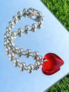 1pc Exaggerated Cute Beaded Heart Pendant Necklace, Fashion Party Accessories Valentines,Mom,Mother,Mother's Day,Gift - Hot Pink - View 10