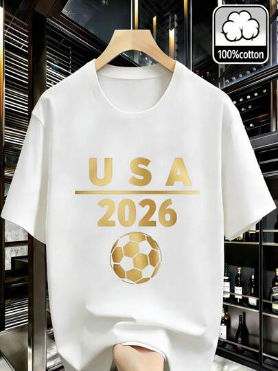 Adult Rugby Themed 100% Cotton Unisex Crew Neck Shirt, Patriotic USA 2026 Gold Text And Football Pattern, Comfortable Breathable Retro Fashion Street Style Y2K Style, For Home Shop Wine Rack Background Commemorative Holiday Gift (1 Pc), Gifts For Fans, Benito Bowl, Harbor Rico, Bad Rabbit Shirt, Bad Rabbit Bowl, Men's Clothing, Valentine's Day Outfits For Women, Valentine's Day, Valentine's Day Clothing, Shirts