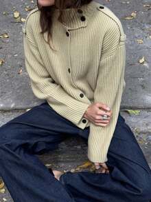 كارديجان نسائي كاجوال، ملابس علوية محبوك بياقة عالية، أكمام طويلة فضفاضة، كنزة صوفية صوفية أنيقة وعملية للسيدات - اخضر زيتون - مشاهدة 5