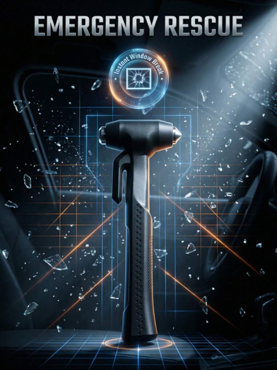1pc Multi-Function Car Safety Hammer, Tungsten Steel Head, High Hardness, Can Easily Break Glass. Used To Break Car Window Glass And Cut Seat Belts. Hidden Cutter Can Quickly Cut Seat Belts. A Powerful Window Breaking Tool.