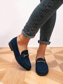 Giày lười nữ, giày lười đế bằng mũi tròn có khóa kim loại, giày lười đế bằng phong cách retro ngoài trời, giày nữ thường ngày - Màu xanh lam - Xem 4