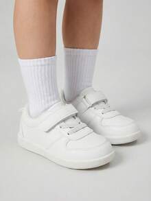 1双儿童白色时尚百搭运动鞋，采用魔术贴和系带设计，圆头，柔软平底，舒适透气，休闲百搭，适合日常户外活动、体育锻炼、慢跑和上学穿着，四季皆宜。 - 白色 - 查看 2