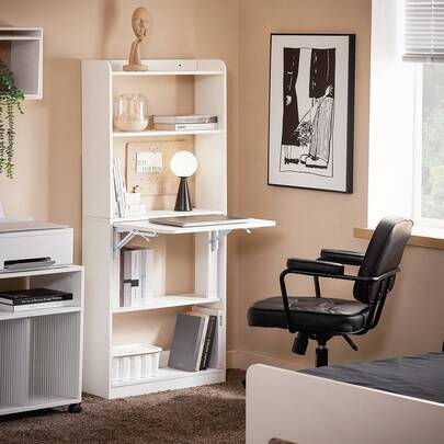 SoBuy Folding Desk, Computer Desk With Shelves, Small Desk, Work Desk, Office Desk, Folding Table For Home Office, Wall-Mounted Desk, Laptop Table, White, 64x145x58cm, FWT92-H-W