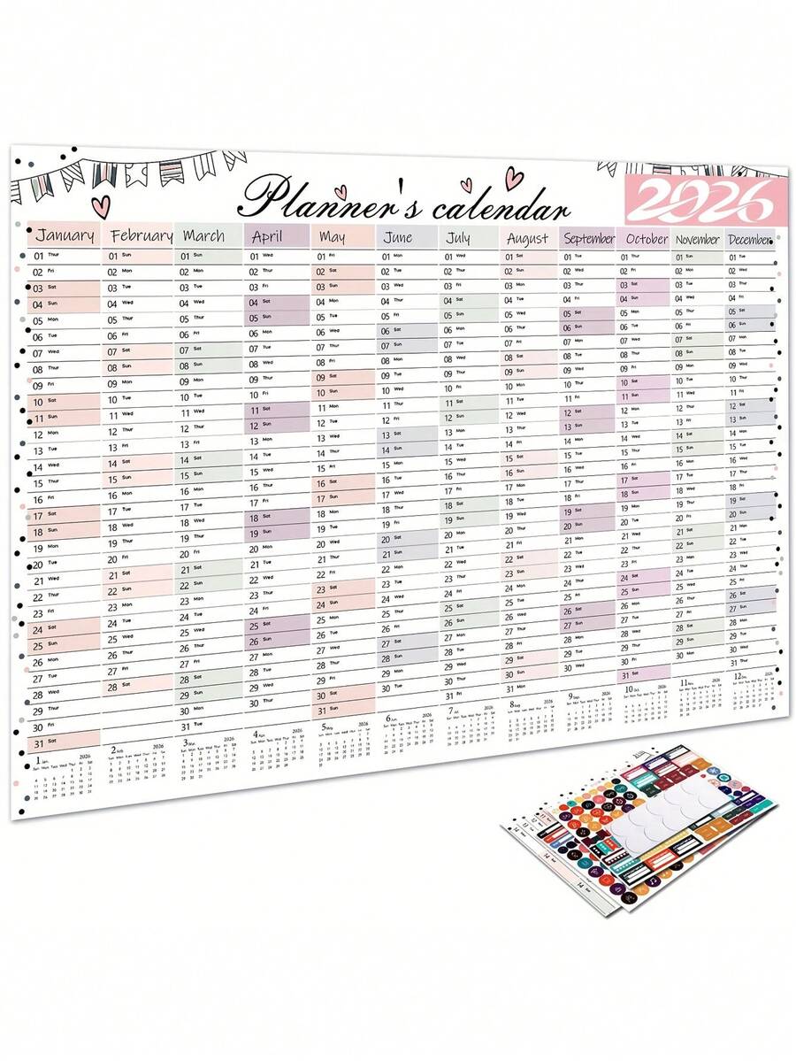 2026年挂历计划本 - 2026年全年日历视图，展开尺寸：29.2 x 20.7英寸/74.2 x 52.5厘米，2026年挂历计划本，家庭管理，学习用品，时尚计划本，简约设计，耐用纸张，书写流畅，月度计划，规划工具，家居收纳，办公用品 - 多色 - 查看 1