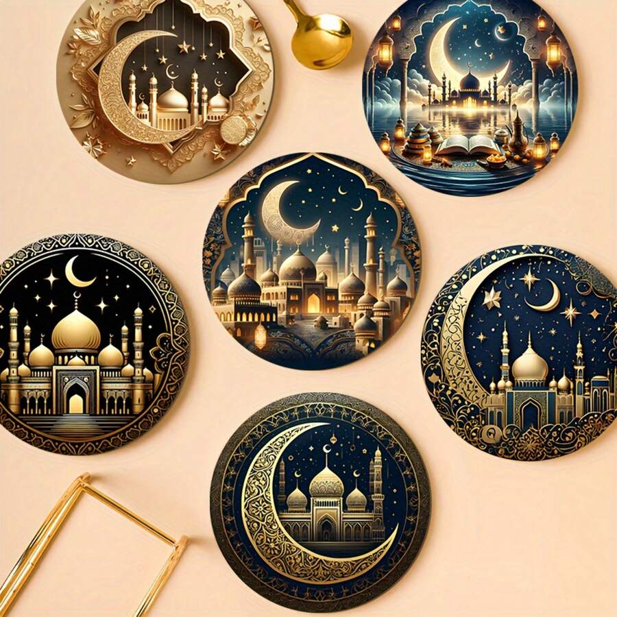 Ramadan Moon Theme Acrylic Coaster Set - Heat-Insulating, Non-Slip, Heat-Resistant Table Mats, Suitable For Family, Office And Ramadan-Themed Party Gifts, 3.9 Inches - Multicolor - View 1