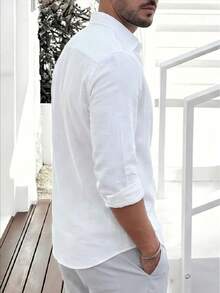 LOOKUN Men's Spring/Summer Shirt, New Cotton Long Sleeve Embroidered Casual Shirt, Navy Blue - White - View 4