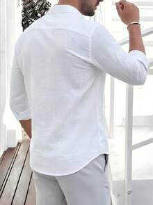 LOOKUN Men's Spring/Summer Shirt, New Cotton Long Sleeve Embroidered Casual Shirt, Navy Blue - White - View 3