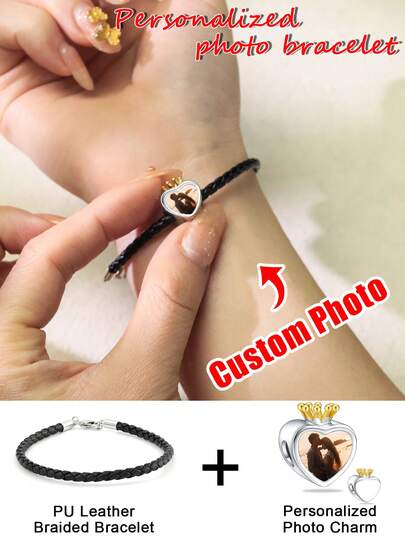 1pc Customizable Photo Bead PU Leather Bracelet, Multiple Photo Pendant Options, Customized Photo Woven PU Leather Bracelet Suitable For Women And Men, Best Gift For Mother's Day, Father's Day, Husband, Wife, Boyfriend, Girlfriend, Grandparent, Birthday, Holiday, Christmas, Valentine's Day, Graduation, Anniversary