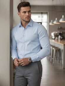 Camicia da uomo con bottoni, vestibilità regolare, maniche lunghe, colletto classico, polsini regolabili, camicia formale da lavoro, realizzata in tessuto misto di cotone, poliestere ed elastan dalla consistenza liscia, adatta all'uso quotidiano. - Blu - Visualizzare 3