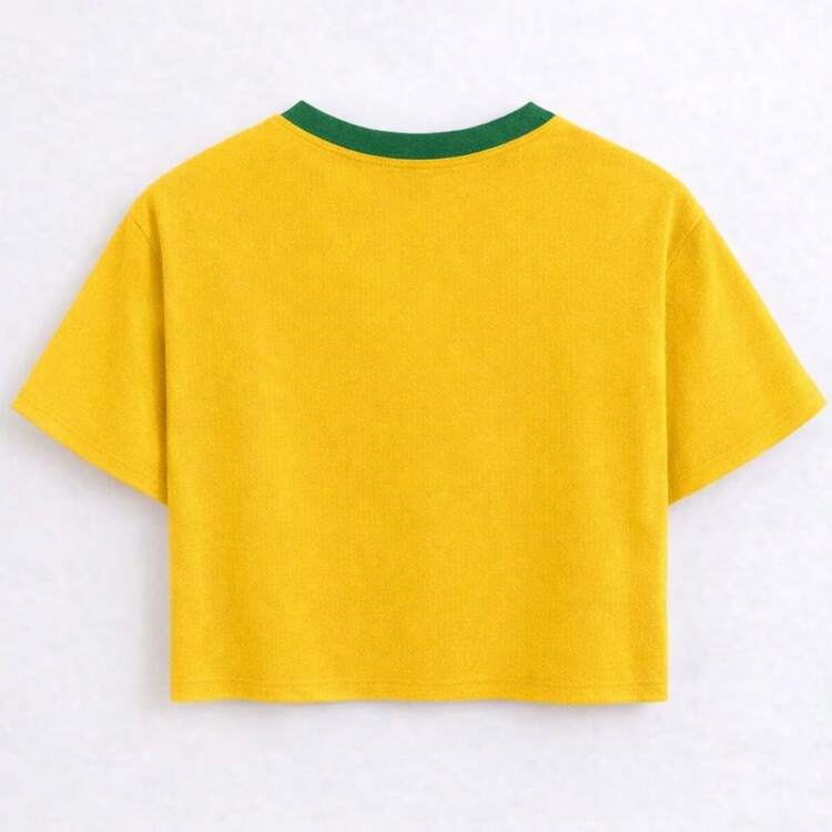 Cropped T-shirt Brasil Estampado Top Blusinha Gola Redonda Manga Curta Copa do Mundo Eleição Brazil Tendencia Torcida - Amarelo - Visão 2