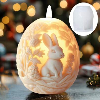 1个复活节兔子花环浮雕蛋形蜡烛硅胶模具，用于制作蜡烛、树脂石膏装饰品、复活节礼物