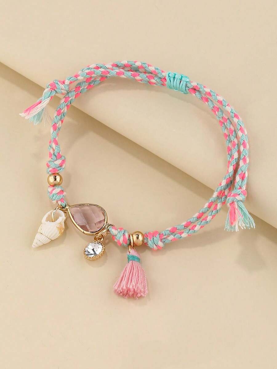 1 pieza Pulsera casual y versátil para niñas, hecha a mano con concha de plástico tejida y borlas de colores - A - Ver 1