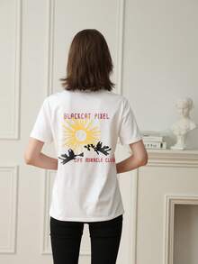 2026 Spring/Summer New Women's 1pc Casual Loose Design Pixel Print Double-Sided Graphic Round Neck T-Shirt, Versatile - White - View 3