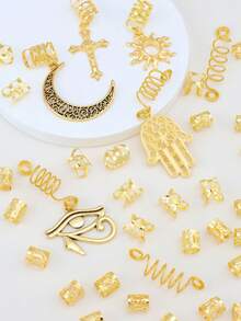 40pcs Hollow Dreadlock Beads, Moon Pendant Alloy Hair Accessories, Ramadan Exclusive - Gold - View 2