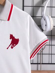 Set de 2 piezas de top de manga corta con cuello de botones y pantalones cortos de unicolor casual para niños, primavera/verano - Rojo - Ver 7
