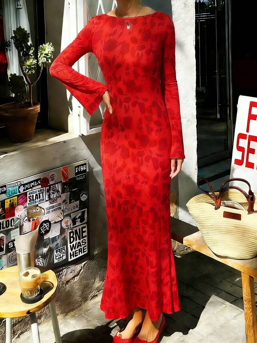 Women's Spring Dress, New Spring/Summer Red Floral Print Knit Stretch Fitted Flare Sleeve Dress, Elegant Dress From Spring To Summer, Valentine's Day Dress - Red - View 1