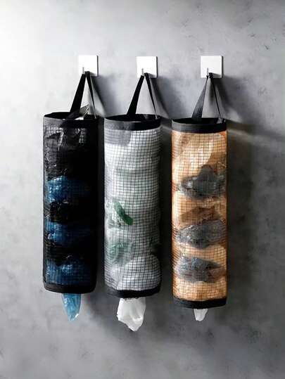 1 pieza Soporte colgante para bolsas de basura - Estante para bolsas de plástico - Dispensador colgante de malla de almacenamiento - Organizador colgante de malla para bolsas de basura plegable, transpirable y lavable