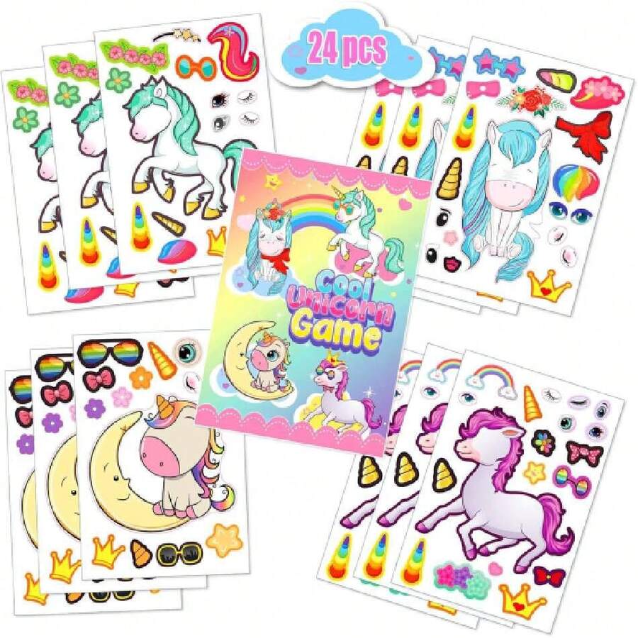 24Pcs Pegatinas de Unicornios Paquete,Pegatinas de Bricolaje,para Fiesta de Cumpleaños Favores,Pegatinas Decorativas,Juguetes Interactivos Padre-hijo.,40965347 - Negro - Ver 1