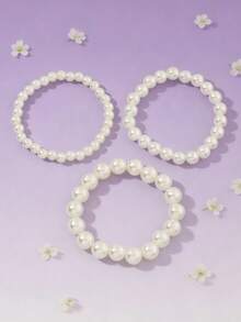 3pcs/Set Cute Princess Style Pearl Bracelet Set, Simple Jewelry For Students Back To School - Multicolor - View 1