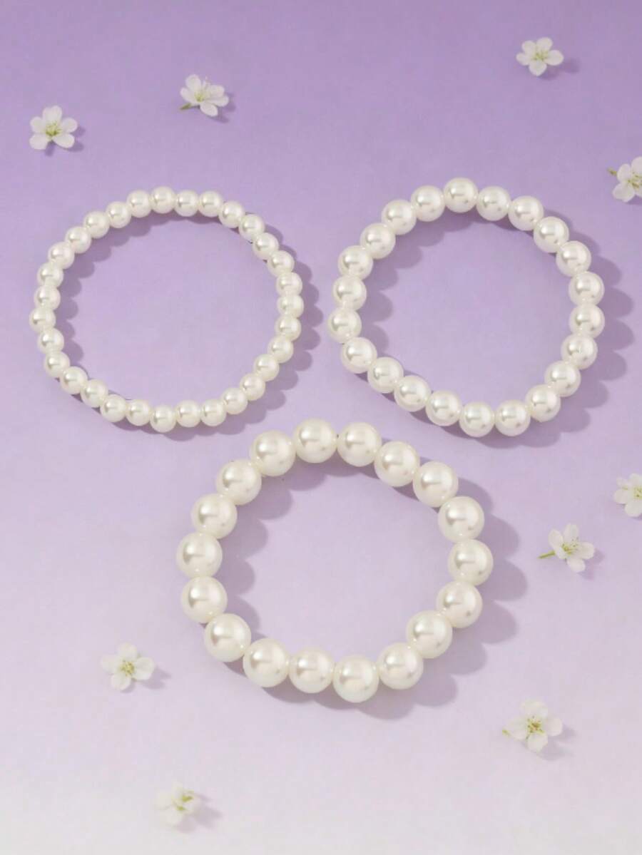 3pcs/Set Cute Princess Style Pearl Bracelet Set, Simple Jewelry For Students Back To School - Multicolor - View 1