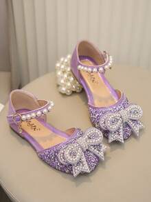 大童女童休闲平底公主风蝴蝶结水钻珍珠鞋 - 紫色 - 查看 5