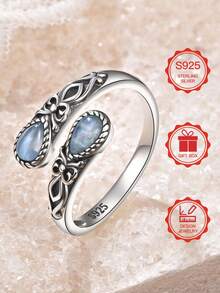 S925 Sterling Silver Moonstone Women's Adjustable Thumb Ring, Victoria Vintage Style Hypoallergenic Nickel Free, Retro Floral, Lucky, Faith, Mother's Love Ring, Bohemian Vintage Style, Daily, Party, Holiday, Valentine's Day, Halloween, Easter Gift, Comes With Gift Box - Star - View 10