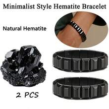 1/2pcs Hematite Stone Bracelet, Natural Healing Stone Beads Adjustable Elastic Bracelet, Fashion Accessory To Boost Confidence - Black - View 13