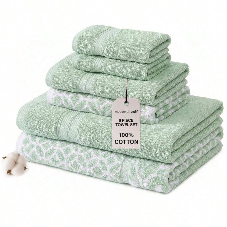 Trefoil Filigree 6Piece Reversible Yarn Dyed Jacquard Towel Set Bath Towels, Hand Towels, Amp Washcloths Super Absorbent Amp Quick Dry 100 Combed Cotton - Standard Case - View 1
