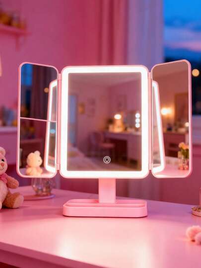 3-Fold LED Makeup Mirror With 3X/2X/1X Magnification, 800mAh Rechargeable Battery Powered Vanity Mirror, Portable Touch Screen Lighted Makeup Mirror With Adjustable 3 Color Temperatures & Brightness, Foldable Design For Travel, Dorm, Home Use, Ideal For Women, Teens, Makeup Artists, Valentine's Day Gift