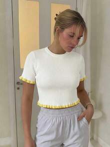 女士优雅假日/毕业针织上衣，休闲短袖米黄色荷叶边下摆针织套头衫，夏季 - 白色 - 查看 5