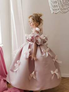 Young Girl's Pink Patchwork Bow Puff Sleeve Dress, Elegant Party Gown, Princess Dress Suitable For Girls' Birthday Party, Flower Girl Wedding, Bridesmaid, Prom, Luxury Evening Dress, Easter, Graduation - Pink - View 8