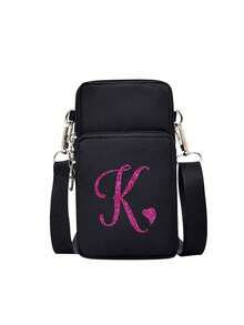 1个银色拉链黑色手机收纳单肩包,饰有玫瑰红亮片字母A-Z,时尚便捷的户外活动迷你手机包。可作腕包、多层包、女士零钱包、学习用品包、简约手提包、多功能斜挎包使用,适合户外、办公、度假、露营和商务场合。适合作为生日礼物、返校和毕业礼物、节日纪念品、母亲节礼物、婚礼配饰和旅行配饰。 - 彩色 - 查看 15