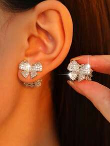 1pair Fantasy Bow Platinum Plated Stud Earrings Exquisite Hollow Out Cube Cubic Zirconia Earring For Women Daily Commute Dating Christmas Wedding Gift Copper Jewelry - Silver - View 5