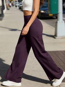 NcmRyu 1pc Women High Waist Elastic Loose Flared Leg Casual Pants - Purple - View 5