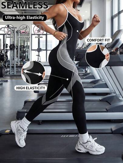 Color-Blocked Slim-Fit Jumpsuit, Board-Style Sportswear, Autumn Sportswear, Gym Workout, Yoga, Pilates, Fitness, Everyday Casual Wear.