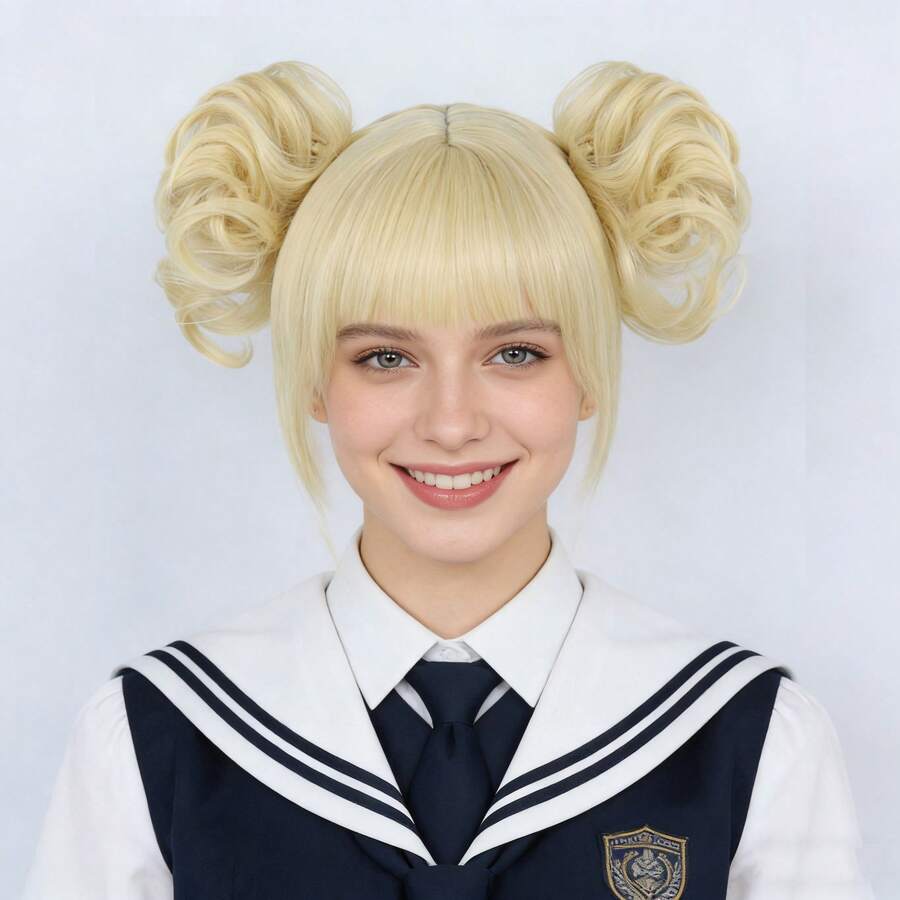 时尚女士短直金色波波头动漫角色扮演假发，带刘海和双卷爪夹发髻，适合日常派对佩戴，自然逼真，耐热合成三件套假发，适合节日化装舞会、动漫展、展览、节日舞台表演，可作为圣诞节生日礼物，新手友好 - 彩色 - 查看 1