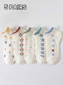5 Pairs Women's White Socks, Lightweight Spring/Summer, Textured Floral, Letter, Heart Prints, Cute & Elegant, Soft & Breathable Casual Ankle Socks - White - View 13