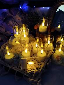 6/12/24pcs Flickering Flameless Candles, Battery Operated Candles With Timer And Remote Control, LED Wishing Candles For Tabletop Centerpiece, Suitable For Christmas, Halloween, Valentine's Day, Dining Table, Room Decor, Wedding, Party, Gift - Transparent - Cup Wax - View 5