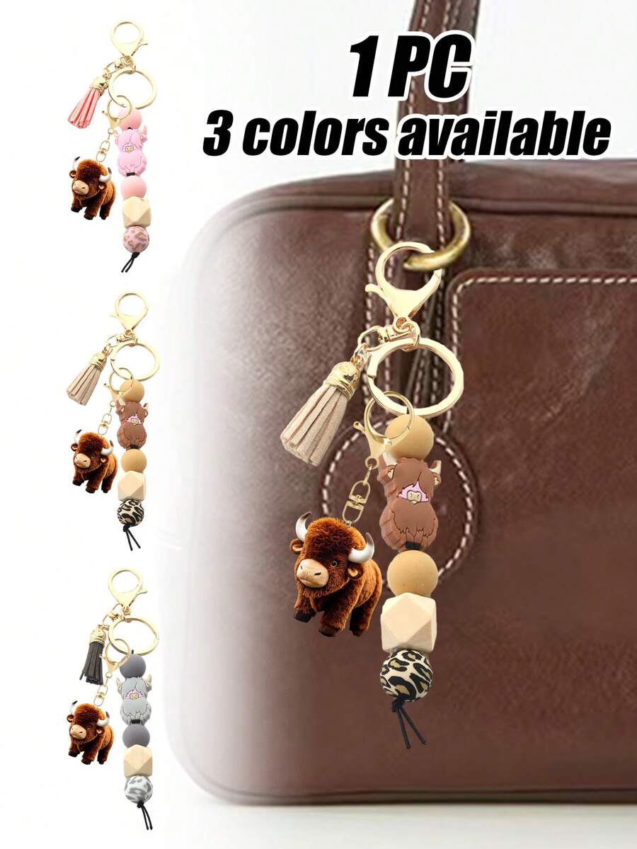 1个仿皮珠流苏钥匙扣，可爱短款钥匙圈，卡通朋克风动物主题龙虾扣亚克力吊坠，汽车钥匙链，硅胶珠流苏，背包配件，汽车钥匙，防丢链 - 适用于汽车钥匙、背包和手提包，也是节日和生日礼物的绝佳选择 - 彩色 - 查看 1