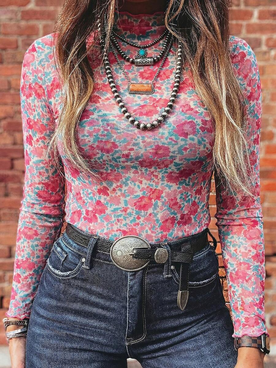 Acelitt Women's Rose Print Mesh Long Sleeve Stand Collar Slim Fit Pink Casual Top, Suitable For Daily Wear In Spring And Autumn Vacation - Multicolor - View 1