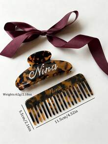 2pcs/Set Customized Double-Sided Rhinestone Hair Accessory Set, Personalized Leopard Print Name Claw Clip And Comb Set, Large Hair Claw Clip For Women - Multicolor - View 4